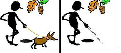 image showing a cartoon man walking with a dog on a leash with a hole on the ground infront of him.