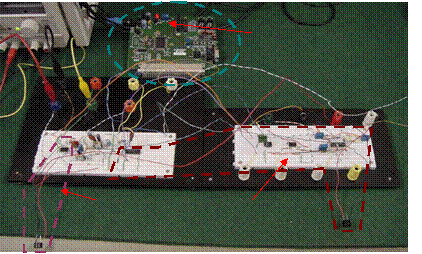 Circut boards with components attached for testing.